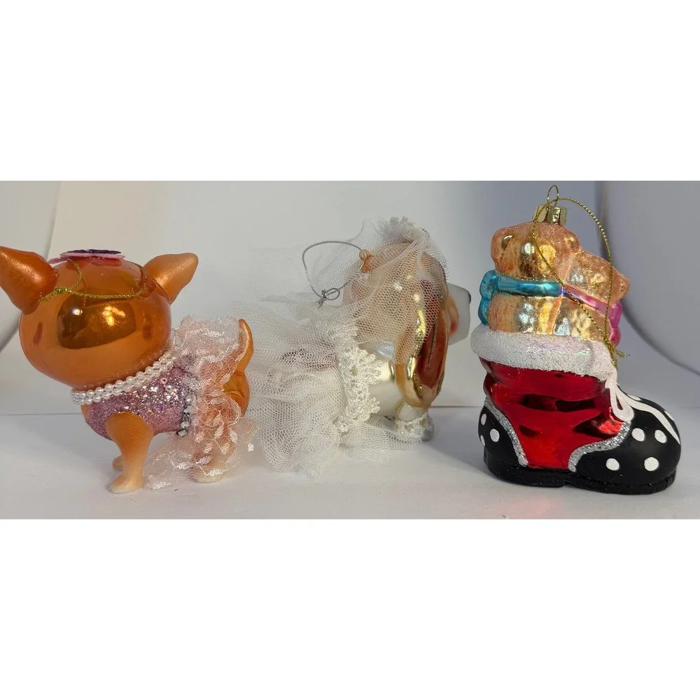 Lot of 3 Mercury Glass Dog Ornaments Chihuahua Basset Hound Bride Puppy Boot
